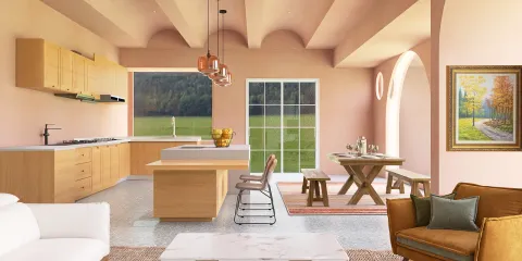 Modern kitchen interior featuring an open layout with wooden cabinetry and a sleek island design, utilizing Homestyler's real-time 3D rendering for effective design proposal visualization.