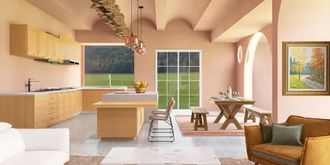 modern kitchen design showcasing natural wood cabinetry and open space layout, featuring a spacious dining area with a rustic table; utilizes Homestyler’s real-time 3D rendering for visual preview.