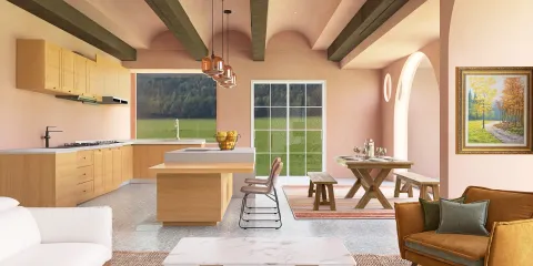 modern kitchen with light wood cabinetry and open layout, showcasing a cozy dining area, featuring Homestyler's real-time 3D rendering for accurate design visualization.