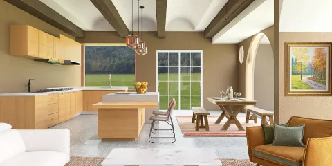 Modern kitchen with wooden cabinets showcasing an open layout design style, enhancing the functionality of the space through Homestyler's real-time 3D rendering feature.