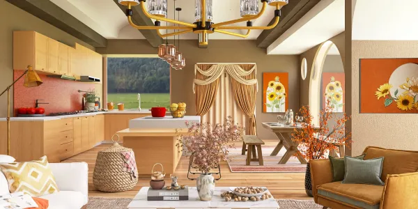 cozy kitchen design showcasing modern cabinetry and a welcoming dining area in a warm earth-tone style emphasizing spacious living; featuring Homestyler's real-time 3D rendering for quick design previews.