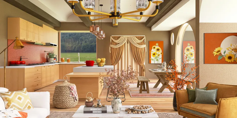 cozy kitchen design showcasing modern cabinetry and a welcoming dining area in a warm earth-tone style emphasizing spacious living; featuring Homestyler's real-time 3D rendering for quick design previews.