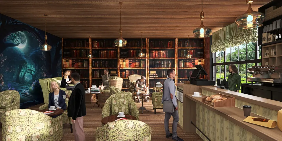 cozy cafe interior with customers enjoying their drinks and snacks, featuring a vintage design style and a warm atmosphere, showcasing Homestyler's real-time 3D rendering for effective design proposal presentation.