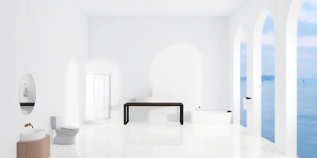 a room with a white wall and a blue bench 