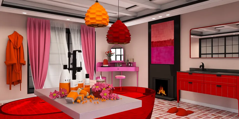 Vibrant kitchen interior featuring colorful pendant lights, a modern island centerpiece, and playful decor elements. This 3D interior design showcases Homestyler's real-time 3D rendering feature for quick design preview.