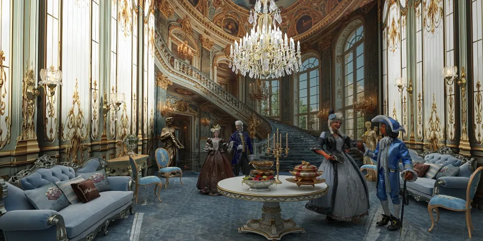 ornate lounge with elegant furniture featuring a grand chandelier and a spiraling staircase, showcasing luxurious interior design with Homestyler's real-time 3D rendering feature