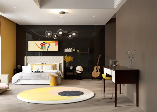 Yellow and black simple teenage bedroom Design Rendering