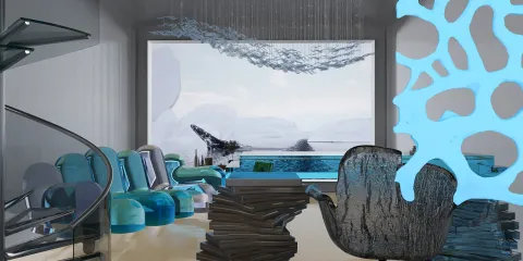 Modern living room featuring unique aqua-colored furniture and dynamic decor, showcasing a stunning ocean view, designed using Homestyler's real-time 3D rendering feature.