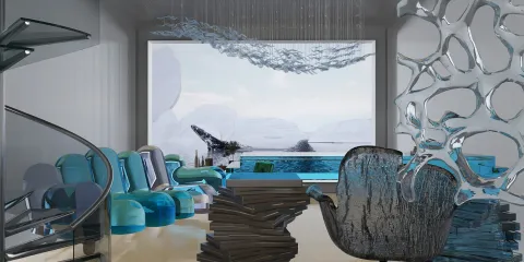futuristic interior design featuring a unique seating arrangement and artistic decor elements, showcasing ocean views; utilizes Homestyler's real-time 3D rendering for an immersive visual experience.
