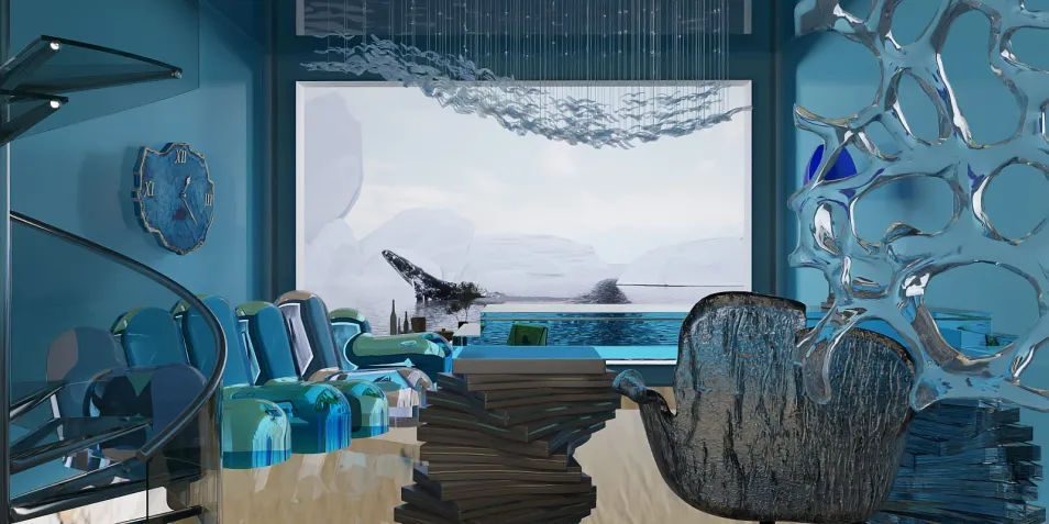 modern living room featuring a spiral staircase and artistic decor showcasing a panoramic ocean view, designed with Homestyler's smart furniture layout function for optimal space utilization.