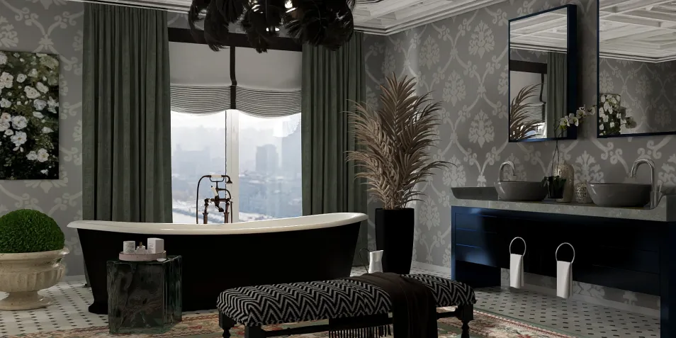 luxurious bathroom design featuring a freestanding bathtub and double sink vanity in an elegant style with a focus on modern decor; highlighting the Homestyler real-time 3D rendering feature for quick design previews.