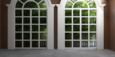 modern arched windows showcasing lush greenery outside in a contemporary style interior, emphasizing natural light and outdoor views, featuring Homestyler's real-time 3D rendering function to preview design effects.