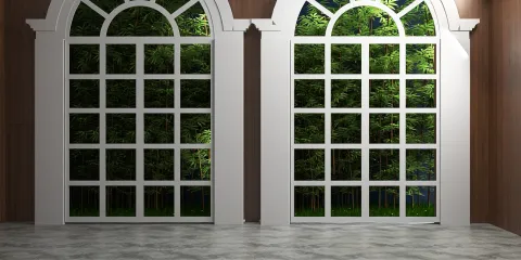 large arched windows showcasing a lush green view, enhancing the indoor space with natural light, featuring a modern farmhouse design, showcasing Homestyler's real-time 3D rendering capabilities.