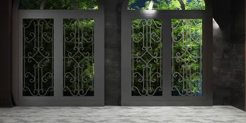 ornate windows showcasing a lush garden view, enhancing the interior decor with natural light and greenery, featuring Homestyler's real-time 3D rendering for quick design visualization.