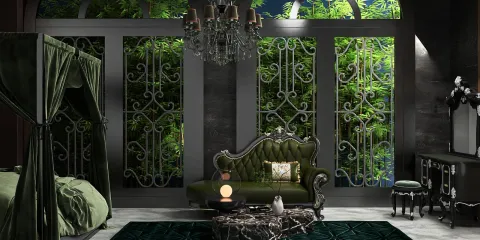 luxurious green velvet sofa placed elegantly in a chic bedroom design with intricate window patterns, showcasing an indoor garden view, featuring Homestyler's real-time 3D rendering for personalized interior decor