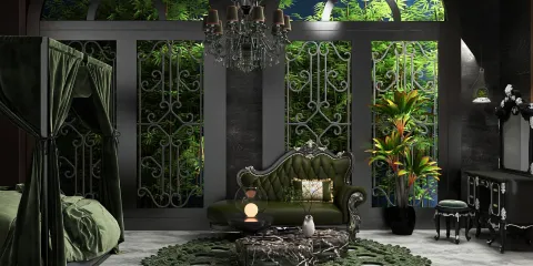 luxurious green lounge seating arrangement featuring a velvet sofa and decorative elements in an elegant gothic style, showcasing the immersive 3D rendering feature of Homestyler.
