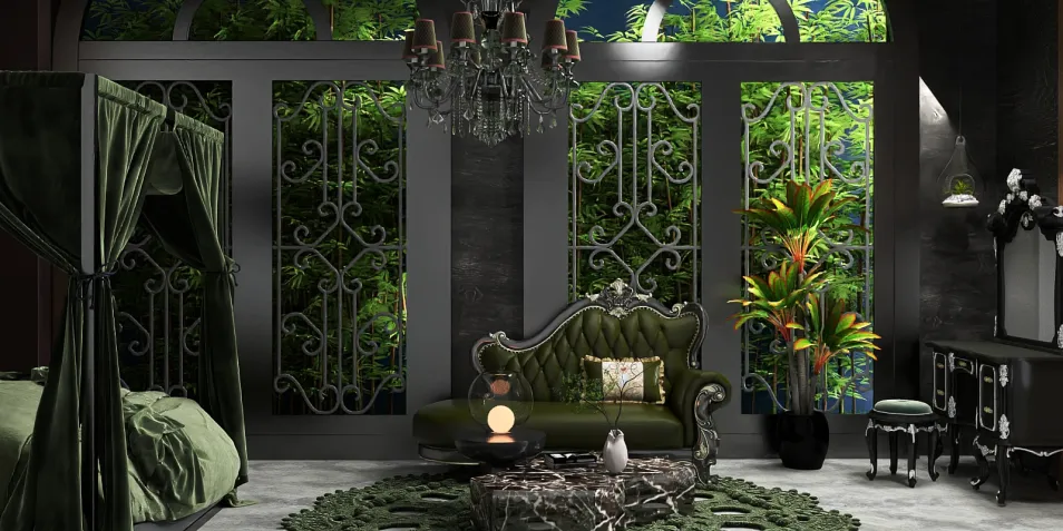 luxurious green lounge seating arrangement featuring a velvet sofa and decorative elements in an elegant gothic style, showcasing the immersive 3D rendering feature of Homestyler.