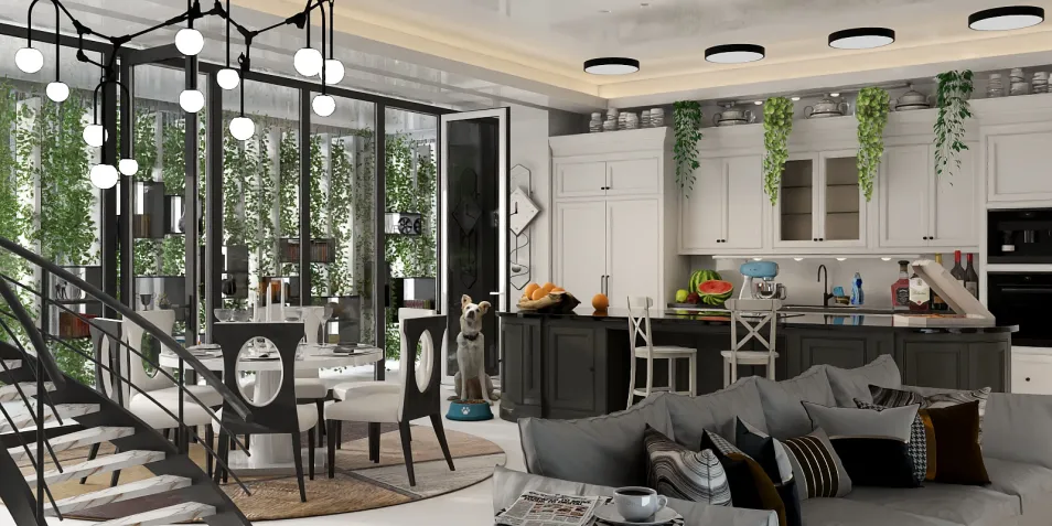 modern kitchen with open layout featuring stylish dining area and extensive greenery, showcasing interior design with Homestyler's real-time 3D rendering for enhanced visual experience
