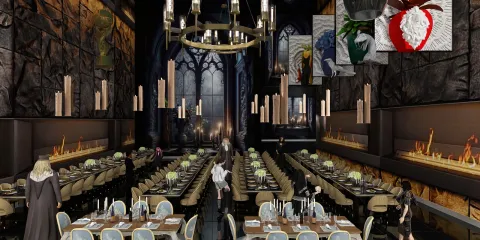 restaurant interior design featuring gothic style lighting and seating arrangement, showcasing Homestyler's real-time 3D rendering capability