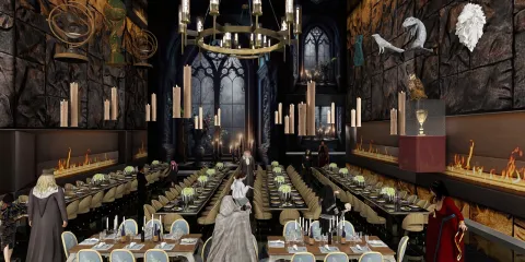dining hall featuring gothic architecture and dramatic lighting creating an immersive atmosphere suitable for fantasy-themed events using Homestyler's real-time 3D rendering feature.