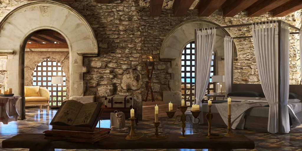 a large room with a stone wall and a stone fireplace 