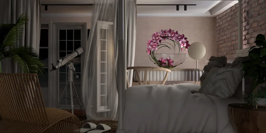a living room with a flower arrangement on the wall 
