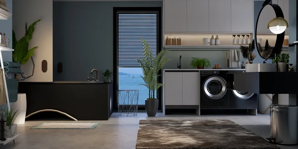 Modern bathroom featuring a sleek black bathtub and practical laundry area with stylish washer and dryer, designed using intelligent furniture layout for space optimization, showcasing Homestyler's real-time 3D rendering capabilities.