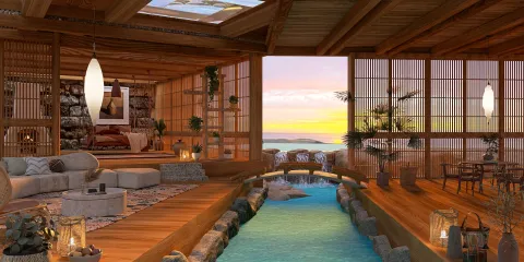 cozy wooden living room featuring a natural waterway design with a sunset view in a modern tropical style, showcasing Homestyler's real-time 3D rendering functionality.