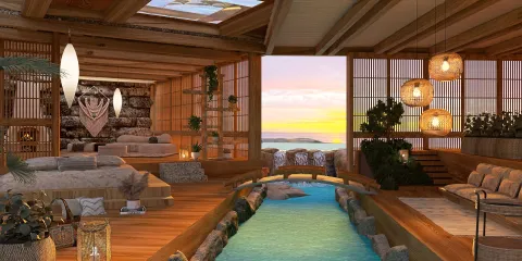 Modern bedroom interior design showcasing a serene atmosphere with a water feature, using Homestyler's real-time 3D rendering for a stunning preview.