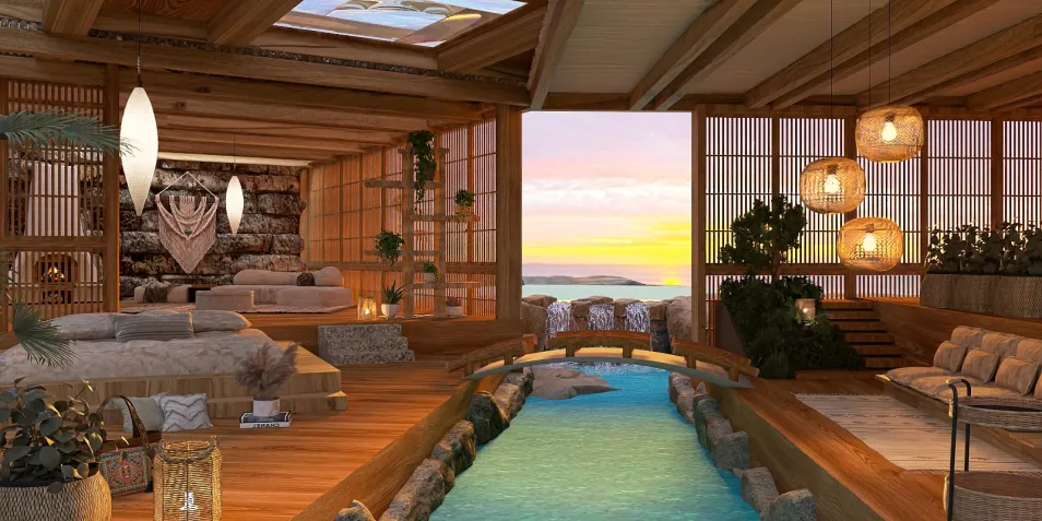 Modern bedroom interior design showcasing a serene atmosphere with a water feature, using Homestyler's real-time 3D rendering for a stunning preview.