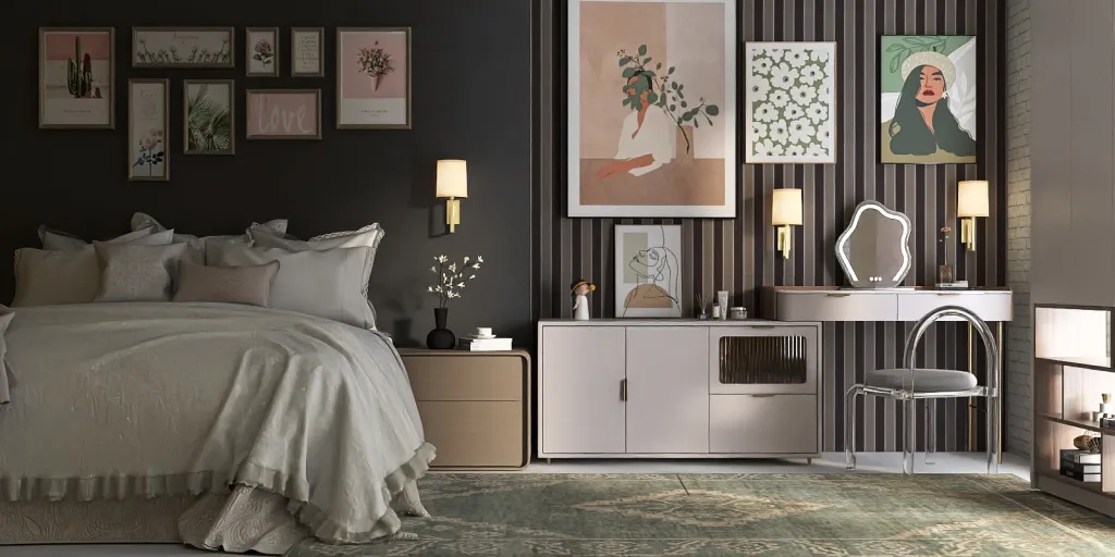 a bedroom with a bed, a dresser, and a painting on the wall 