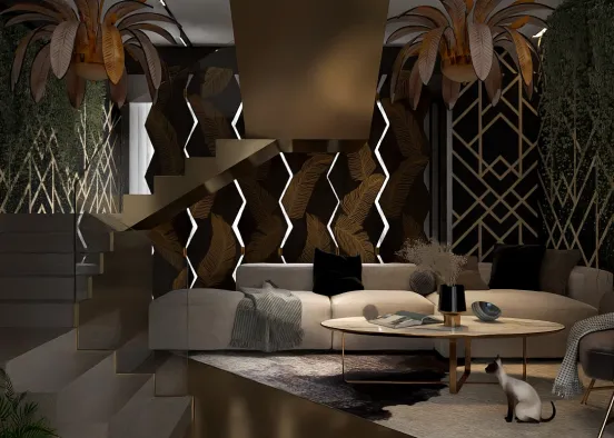 # Stylish Living Room and Stairs Renderização de Design