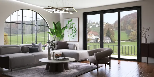 spacious living room with large windows featuring a modern furniture arrangement in a contemporary style showcasing interior decor aesthetics; includes Homestyler's real-time 3D rendering for quick design previews.