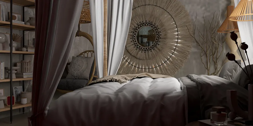 a bed with a large window and a large clock 