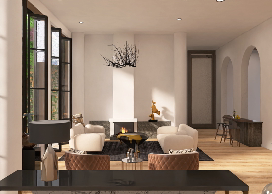 Clients’ entrance into fireplace livingroom Design Rendering