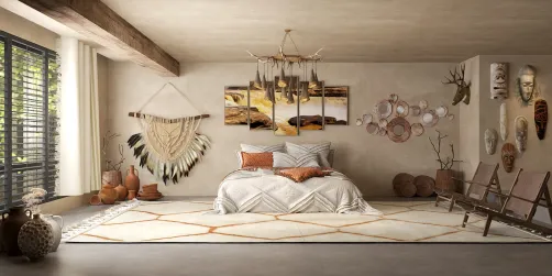 bohemian bedroom with a double bed and decorative wall art featuring tribal masks and natural elements, showcasing cozy interior decor with an emphasis on earthy tones and textures, utilizing Homestyler's real-time 3D rendering feature for an immersive design experience.