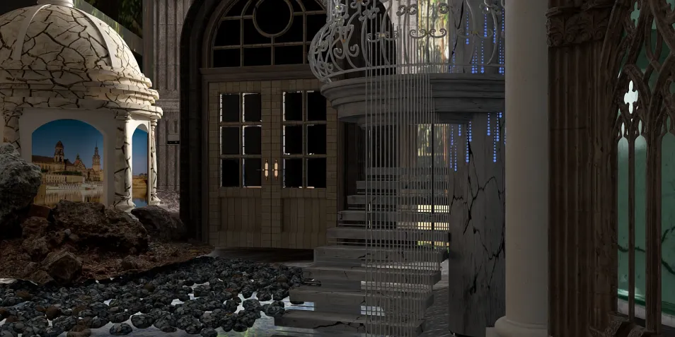 elegant stairway installation with intricate design engaging in vintage style located in a luxurious interior space featuring natural elements; showcasing Homestyler's real-time 3D rendering for home decor preview.