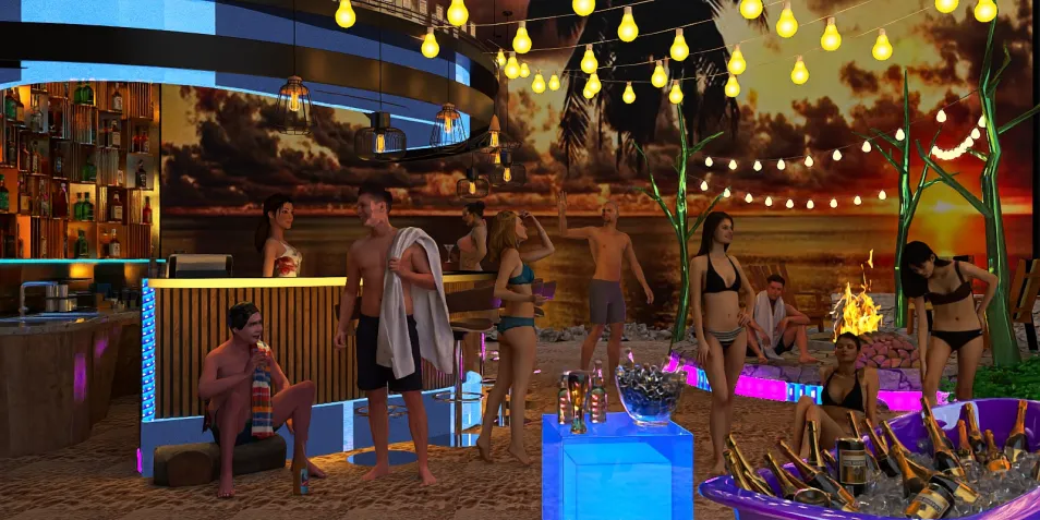 beach party scene featuring people socializing and enjoying a vibrant atmosphere with colorful lighting and a bar, showcasing interior decor opportunities in a lively setting, utilizing Homestyler's real-time 3D rendering feature