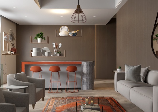 Leisurely neutral livingroom kitchen  Design Rendering