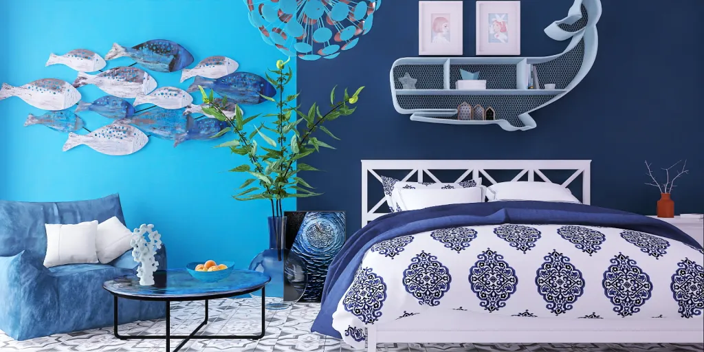 a bed room with a blue wall and a blue wall 