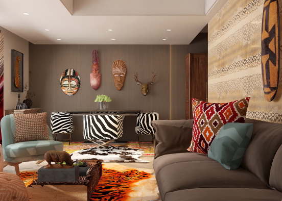 a safari living and dining room Design Rendering