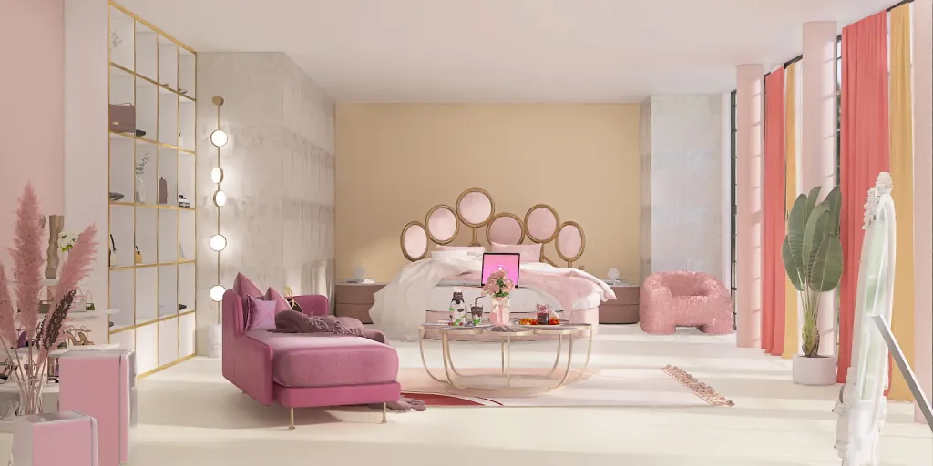 a small room with a pink couch and a pink chair 