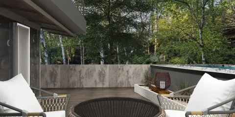 outdoor seating area featuring a round wicker chair and modern white armchairs, designed with a contemporary style and surrounded by lush greenery, showcasing Homestyler's real-time 3D rendering functionality for an immersive experience.