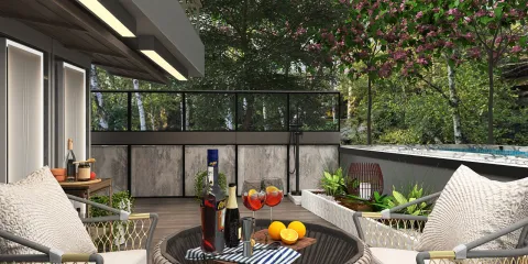Outdoor seating arrangement featuring cozy chairs and a round table with drinks, complemented by natural landscaping and a pool view, designed with Homestyler's real-time 3D rendering feature for a refreshing and stylish outdoor space.