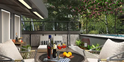 outdoor lounge area featuring comfortable seating arrangements with drinks and fruits surrounded by greenery, showcasing contemporary design style for relaxing outdoor spaces, utilizing Homestyler's real-time 3D rendering feature.