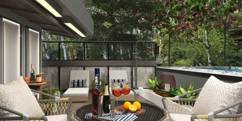 outdoor seating area featuring comfortable lounge chairs and a round table with drinks; perfect for social gatherings and relaxation; showcasing a modern design style; utilizing Homestyler's real-time 3D rendering for interior decor visualization.