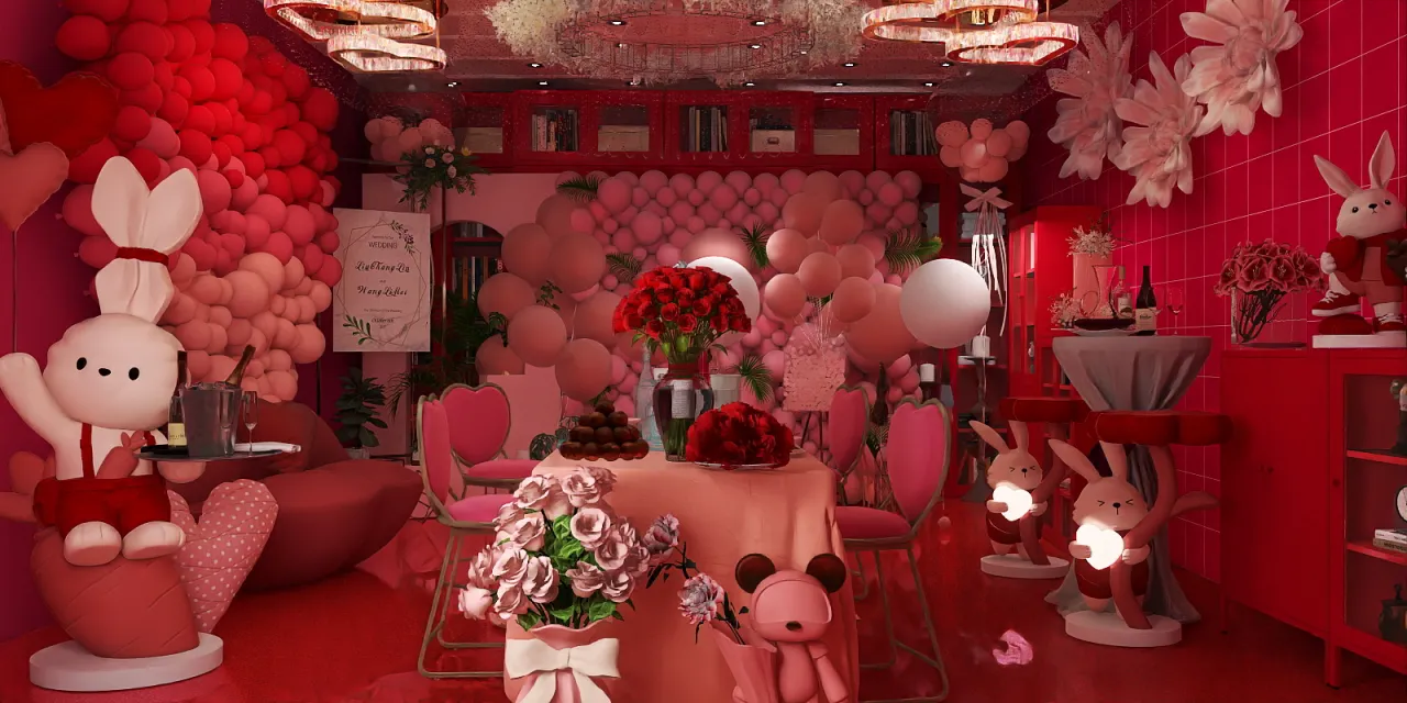 a room with a pink flower arrangement on the wall 