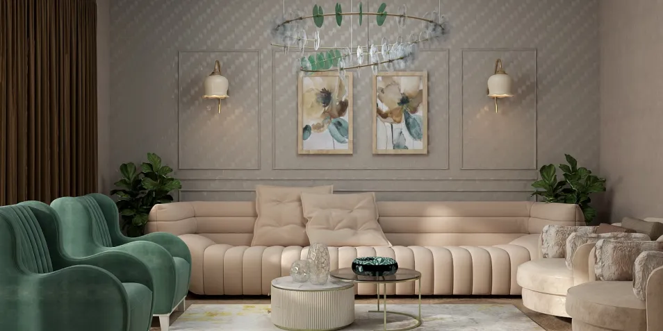 A cozy living room featuring a curved beige sofa, teal accent chairs, and elegant wall art; showcasing a modern interior design style with a focus on comfort and elegance; utilizes Homestyler's real-time 3D rendering feature for a detailed design preview.
