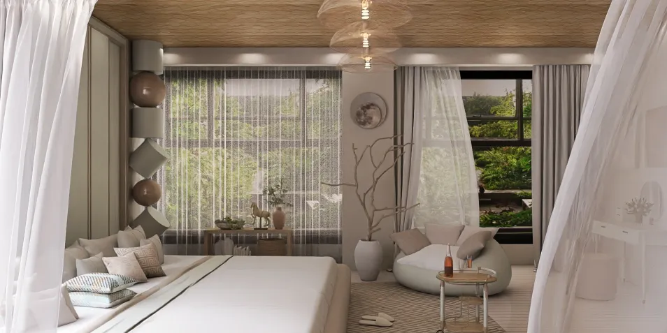 modern bedroom interior design showcasing a serene atmosphere with neutral colors and natural light, utilizing Homestyler's real-time 3D rendering feature for quick visualization.