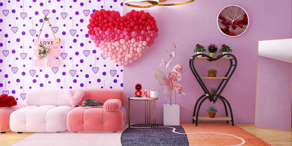 a room with a pink couch, a pink chair, and a pink rug 